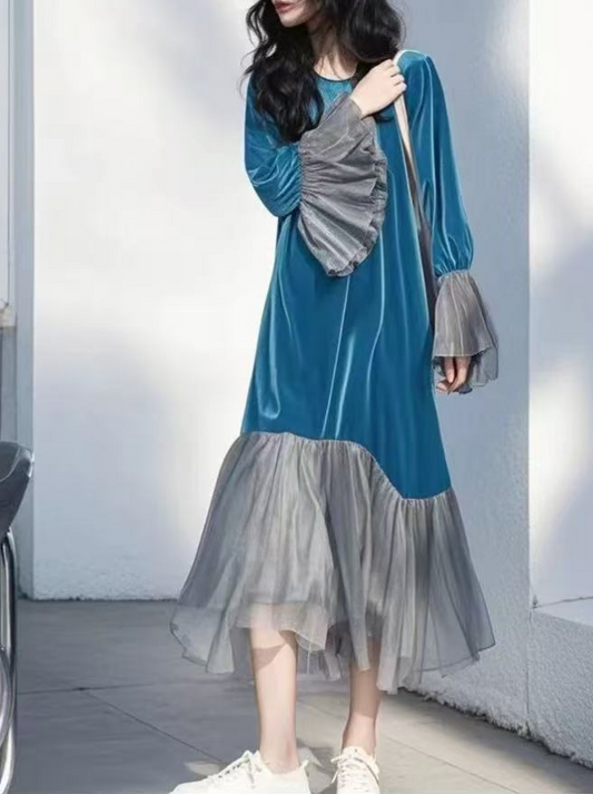 Women's Velvet Blue Patchwork Long Sleeve Dress