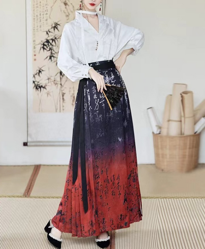 Elegant Printed Gradient Text Tie Pleated Skirt