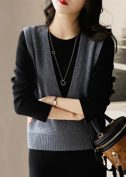 Simple V-neck patchwork knit vest sleeveless