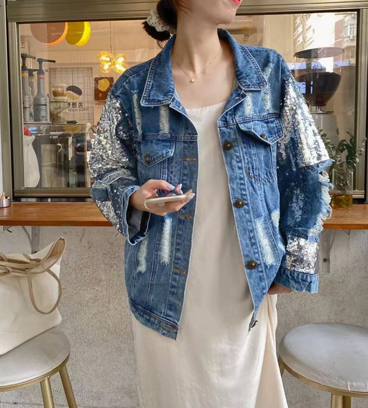 Fashion Sequins Personalized Ripped Denim Jacket