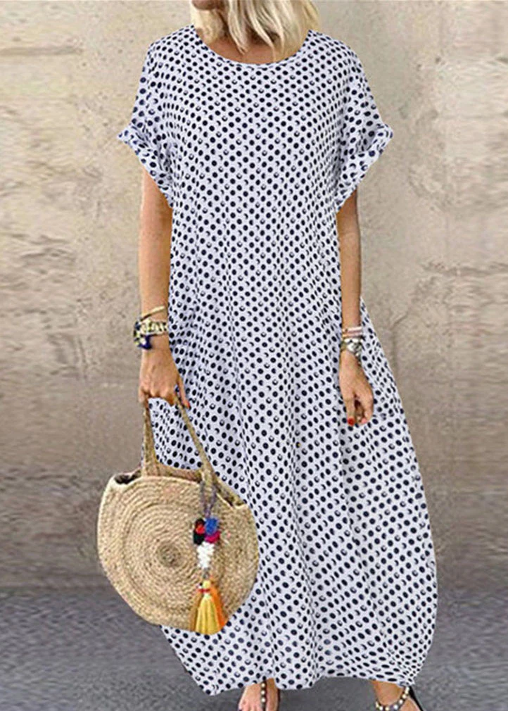 Polka Dot Printed Short Sleeve Long Dress