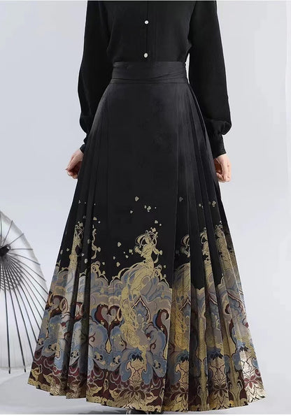 Elegant Vintage Pleated Dragon Print Tie Skirt