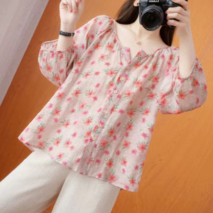 Elegant Printed Cardigan Cotton Lantern Sleeve Blouse Top