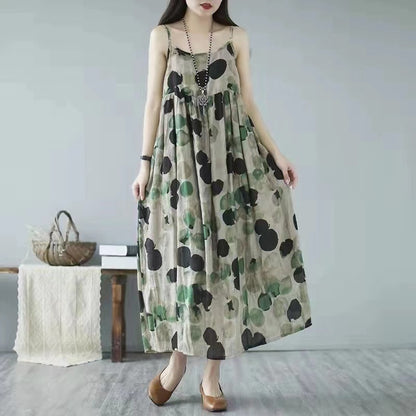 Halter Printed Polka Dot Cotton Linen Long Dress