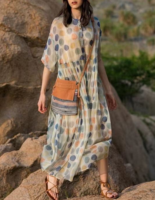 Italian Fabric Printed Cotton Short Sleeve Long Dress