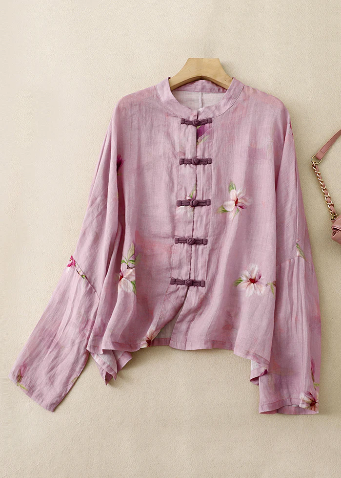 Chinese Printed Buttoned Cotton Long Sleeve Shirt Top