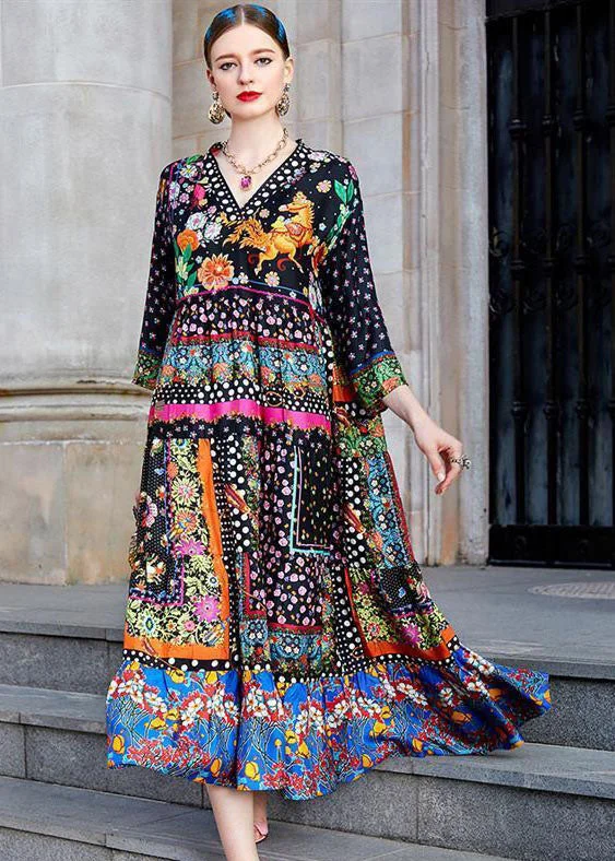 Bohemian Colorblocked V-Neck Printed Silk Long Dress