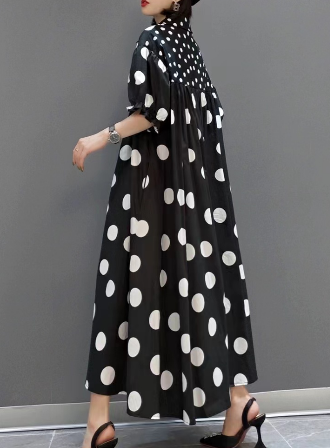 Casual Black and White Polka Dot Short Sleeve Shirt Dress