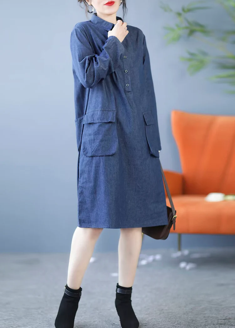 Stylish Lapel Cardigan Pocket Denim Shirt Dress