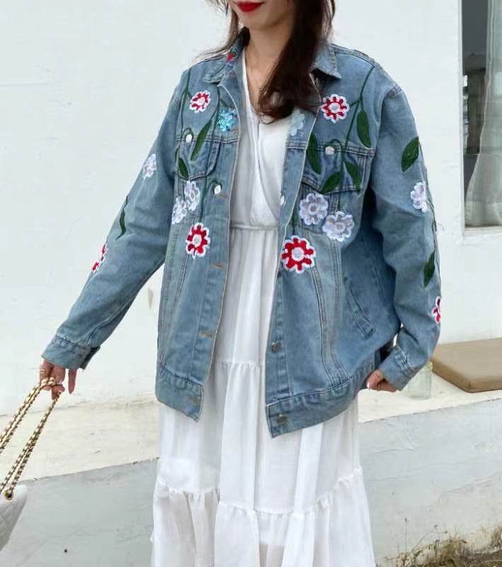 Loose Floral Embroidered Denim Jacket