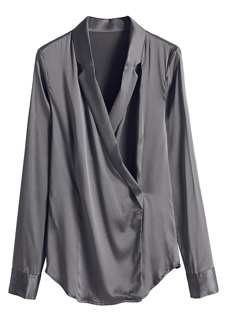 Slim Collar Button Asymmetric Silk Blouse Long Sleeve Top