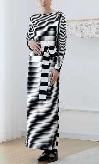 French Minimalist Striped Long Sleeve Long Dress