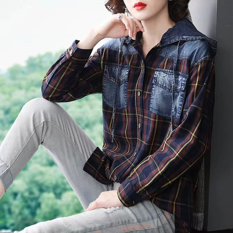 Casual Patchwork Plaid Cardigan Long Sleeve Denim Shirt Top