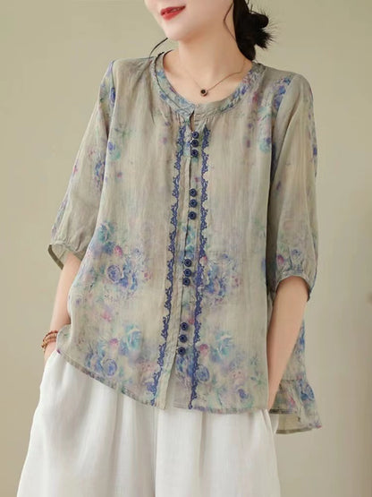 Elegant Printed Color Clash Cardigan Short Sleeve Cotton Blouse Top