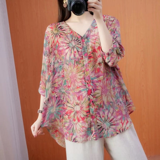 French Print Cardigan V Neck Cotton Short Sleeve Shirt Top