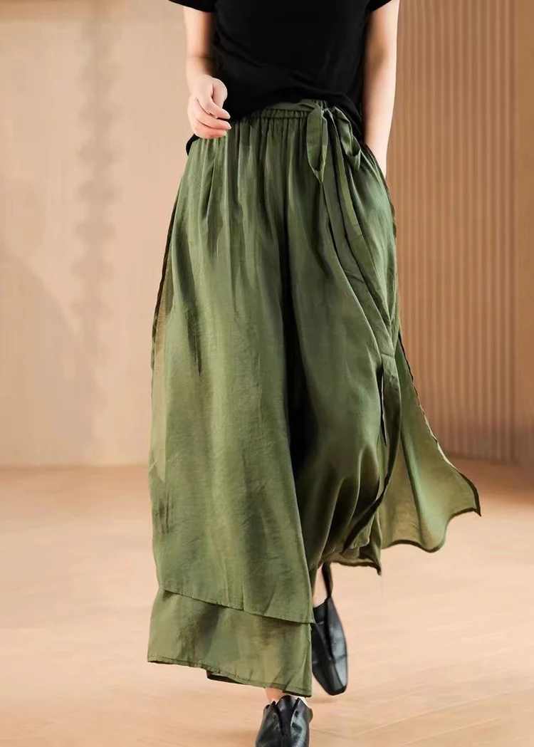 Women's Pocket Tie Elastic Waist Silk Wide Leg Pants