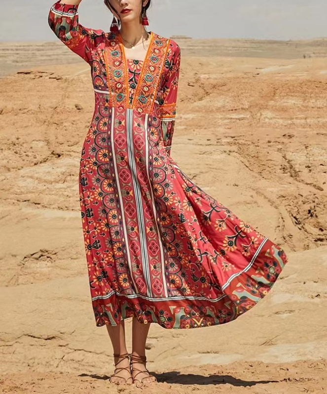 Bohemian V-Neck Printed Long Dress