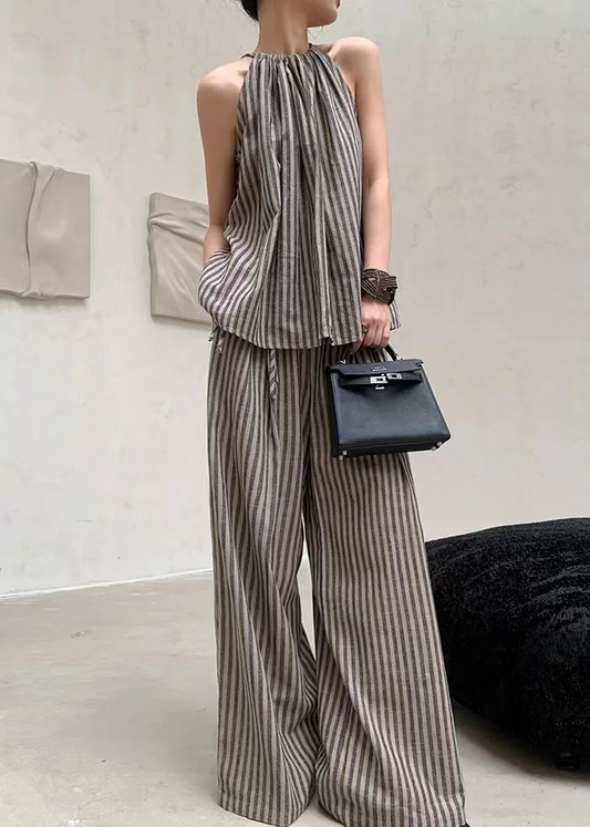 Women's Casual Color Striped Top Wide Leg Pants Two Piece Set Summer