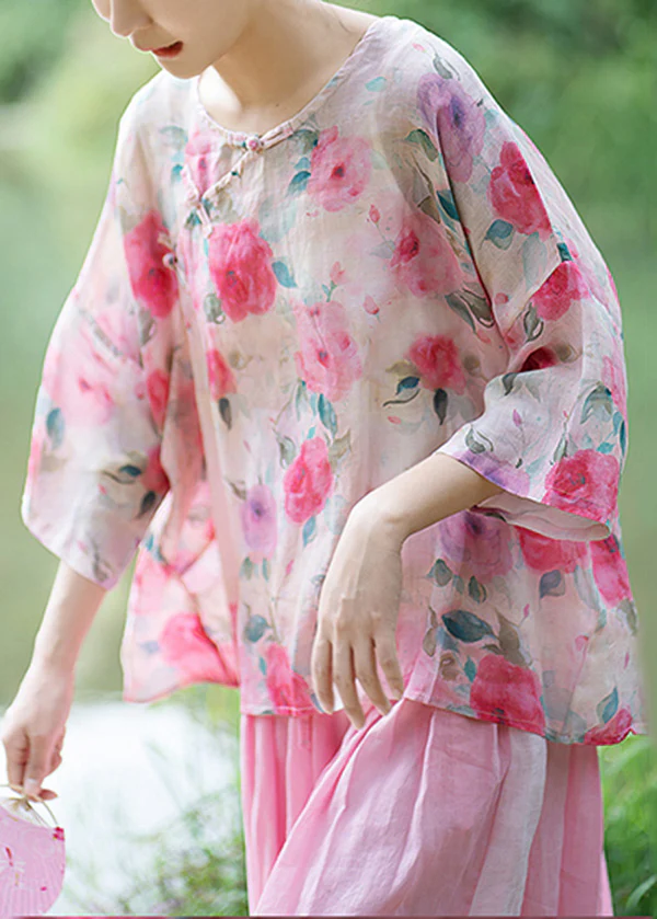 Elegant O-neck Printed Chinese Buttoned Linen Shirt