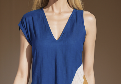 Casual V-neck colour-blocked asymmetric cotton sleeveless dress