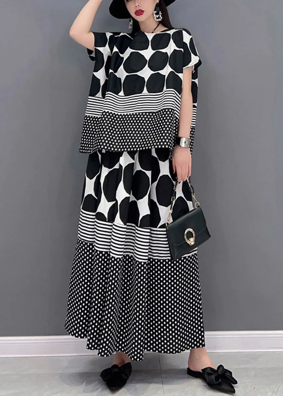 Loose O-neck polka dot print chiffon top and skirt two-piece set