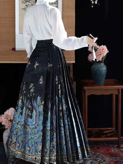 Women's Vintage High Waist Pleated Printed Blue Peacock Word Skirt