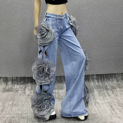 Modern Blue Stereo Floral Pocket High Rise Jeans