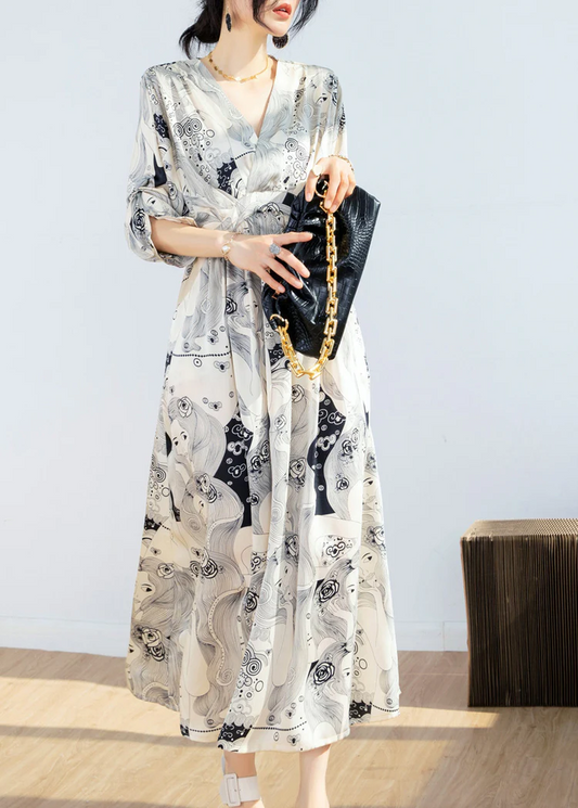 Elegant V-Neck Printed Waist Tie Chiffon Long Dress