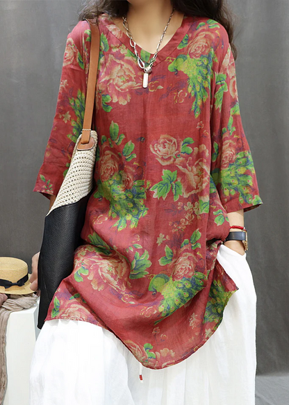 Loose Printed Side Split Cotton Blouse Top