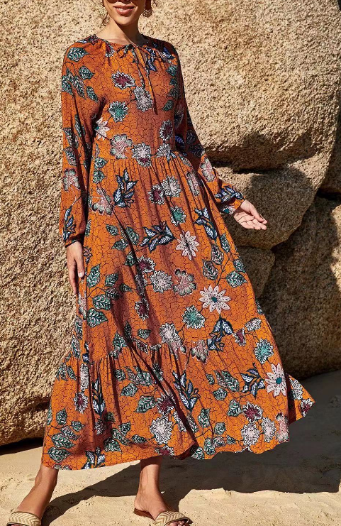 Elegant Printed Strappy Long Sleeve Dress