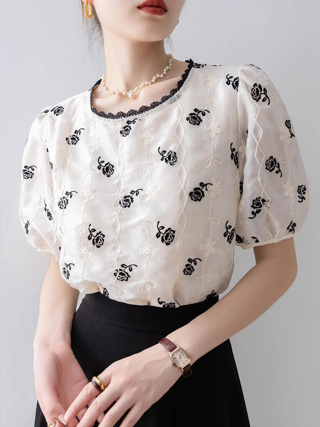 Elegant Bubble Sleeve Embroidered Chiffon Blouse Top