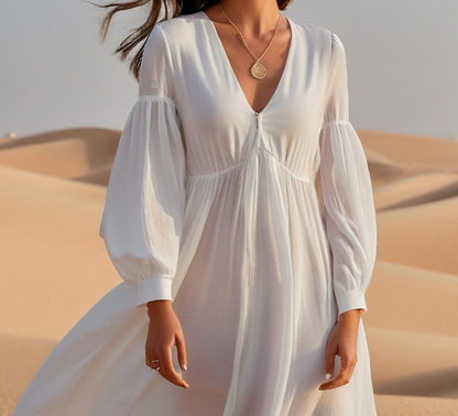 Women's White Oversized Hem Cotton Long Dress Spring