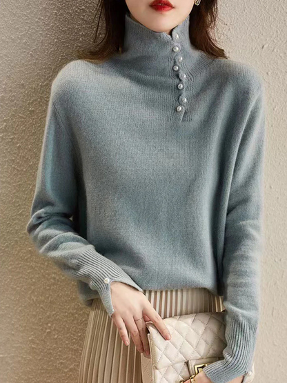 Women's Plus Size Button High Neck Knit Sweater Spring