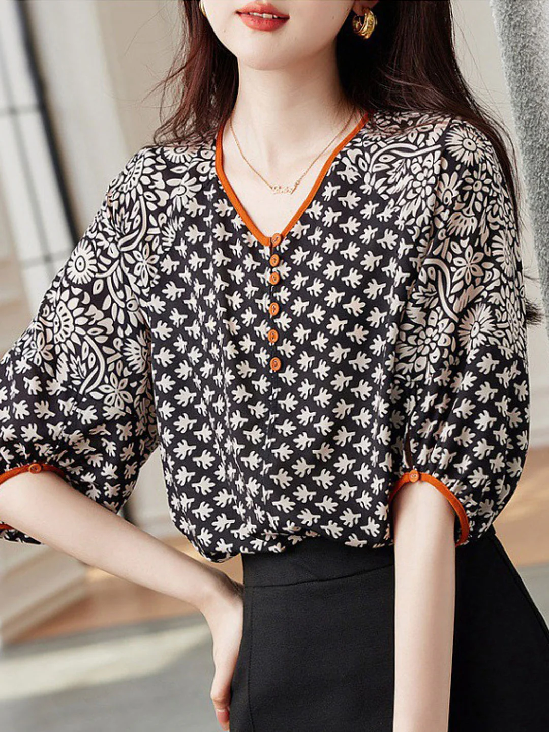 French V-Neck Printed Color Clash Long Sleeve Shirt Top