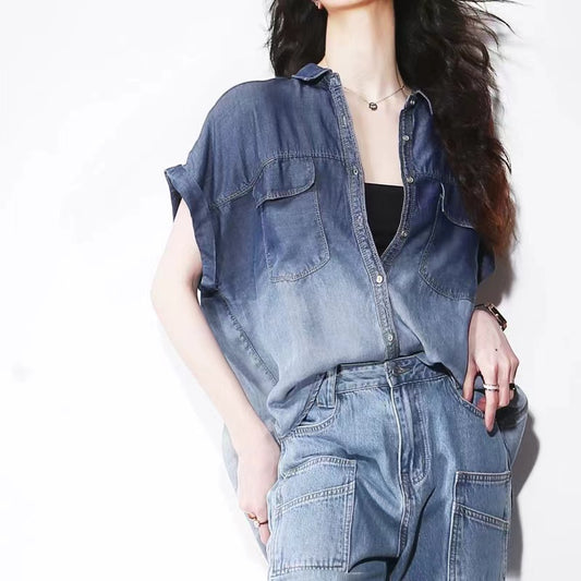 Fashion Gradient Breathable Tencel Pocket Cardigan Short Sleeve Shirt Denim