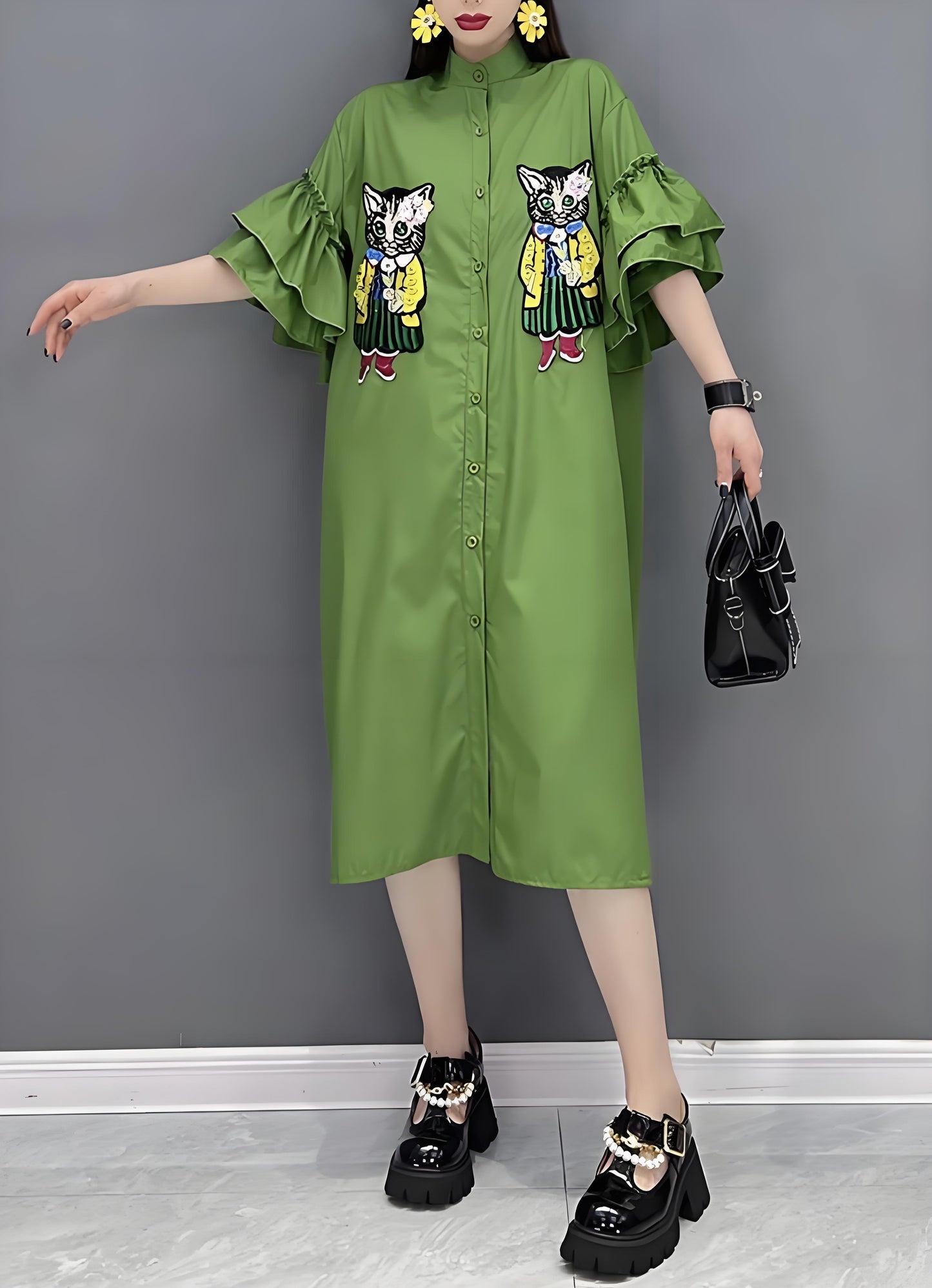 Women's Plus Size Green Standing Collar Cat Embroidery Shirt Dress Spring