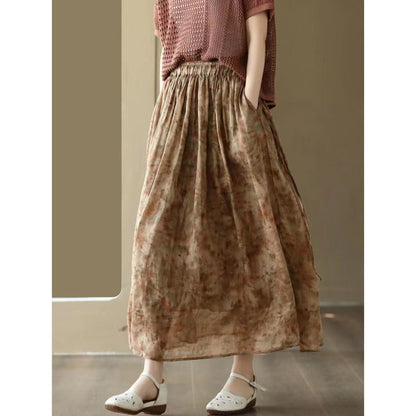 Vintage Printed Pocket Tie Cotton A-Line Skirt