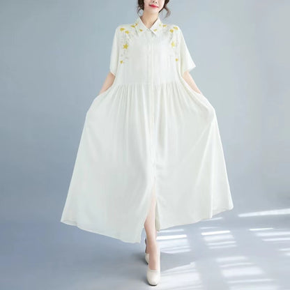 Elegant Lapel Embroidered Crushed Pleat Short Sleeve Shirt Dress