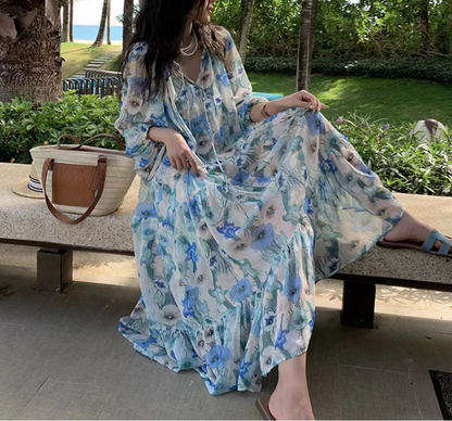 Elegant V-Neck Printed Beach Long Sleeve Long Dresses