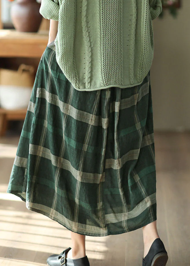 Casual Pocket Plaid Printed Linen Skirt