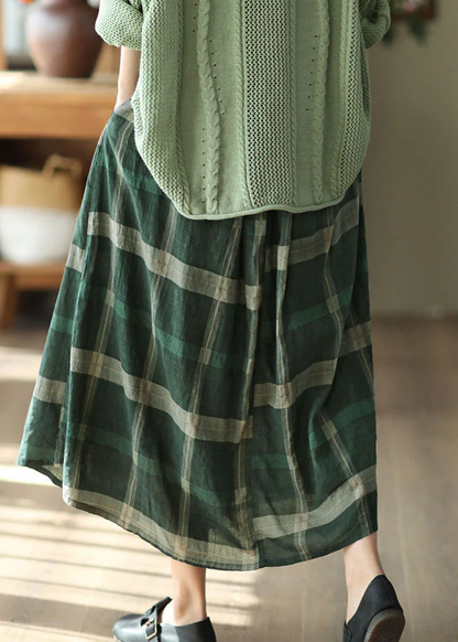 Casual Pocket Plaid Printed Linen Skirt