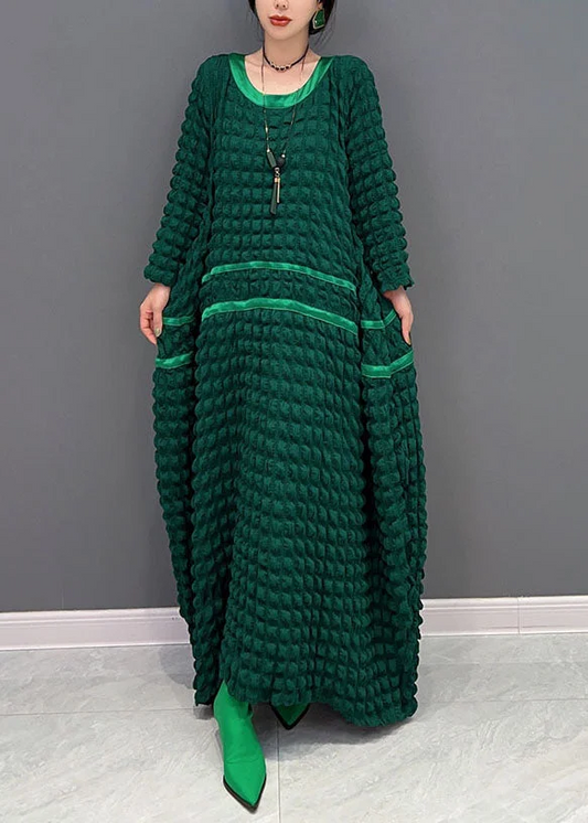 Women's Italian Green Round Neck Long Sleeve Patchwork Dress Spring