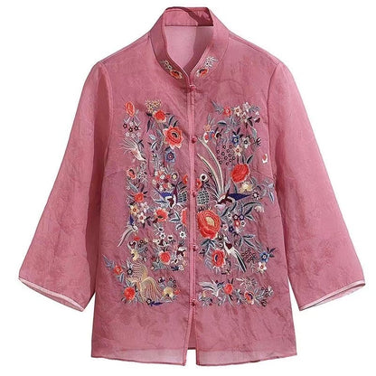 Fashion Floral Standing Collar Color Clash Cardigan Shirt Top