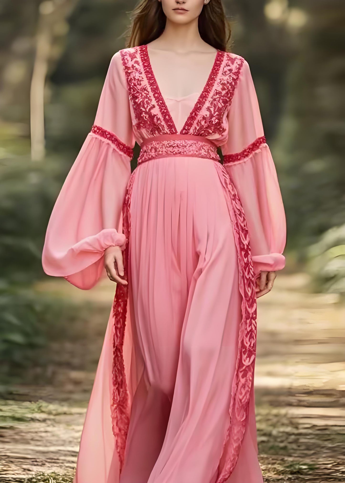 Women's Original Design Pink V-Neck Patchwork Lantern Sleeve Long Dress