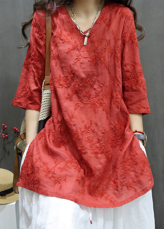 Loose V-Neck Embroidered Linen Long Shirt Top