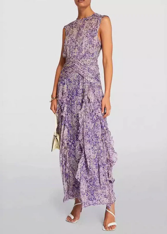 Italian Women's Purple Ruffle Printed Sleeveless Dress Cocktail Dress