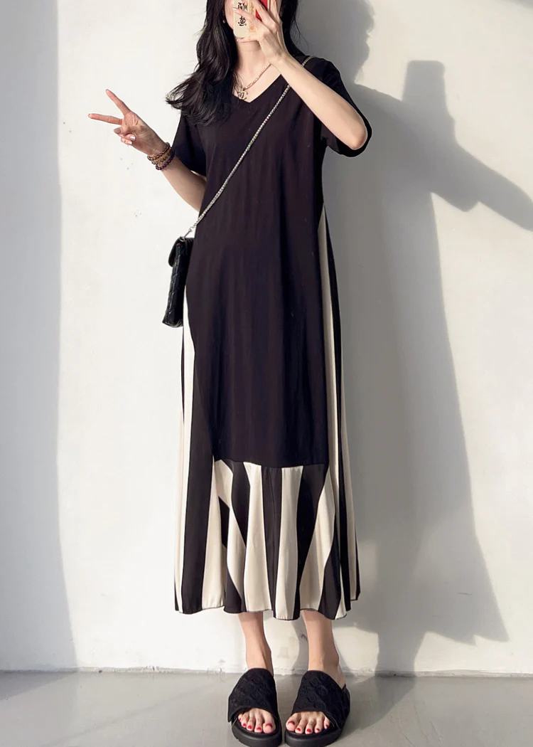 Women's V-Neck Patchwork Cotton Patchwork Striped Short Sleeve Long Dress