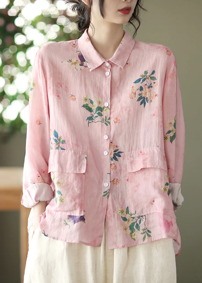 Elegant Low Height Design Linen Pocket Long Sleeve Shirt Top