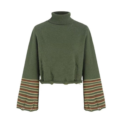 Vintage Green Turtleneck Knit Striped Sweater