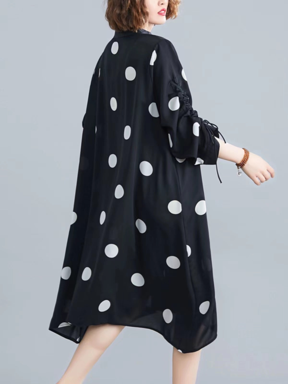 Plus Size Stand Up Neck Printed Polka Dot Tie Long Sleeve Dress